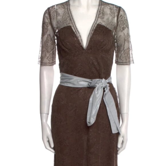NWT Yigal Azrouel Brown Lace Brown Short Sleeves Midi Dress M $2990